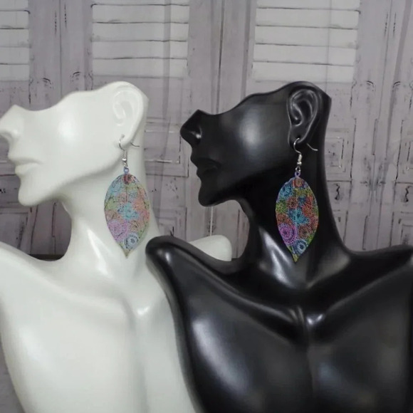 Beautiful Skeleton Leaf Dangle  Multi-Colored Earrings - Picture 2 of 4